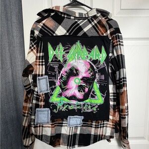 Plaid Flannel Shirt with Upcycled Def Leppard Graphic